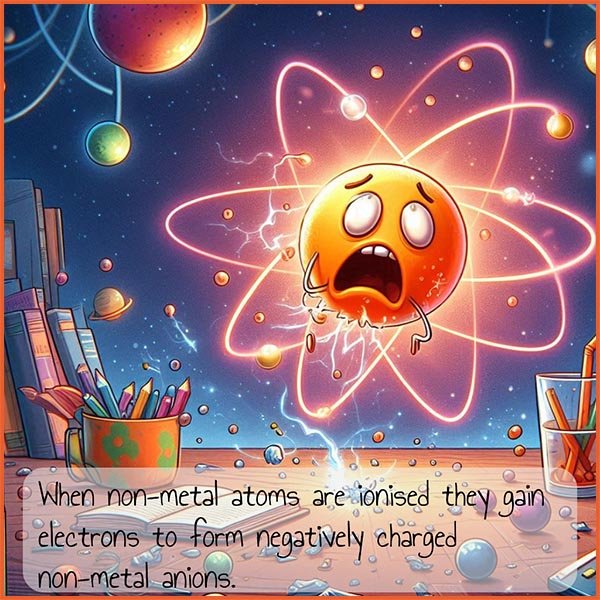 Comic style image to show a non-metal atom gaining an electron